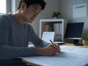 책상에 앉아 있는 사람이 소액생계비대출 신청 서류를 작성하고 있는 장면.