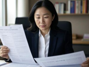 책상에 앉아 보금자리론 신청 서류를 검토하는 여성, 정장 차림으로 서류를 들고 있는 모습, 배경에 책장이 있음