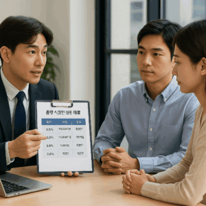 정장을 입은 남성 상담사가 책상 건너편에 앉은 남성·여성 고객에게 대출 조건표가 적힌 클립보드를 보여주며 설명하는 모습