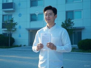 현대적인 아파트 앞에서 디딤돌대출 서류를 들고 있는 30대 청년의 모습. 배경에는 흐릿하게 가족 모습과 집 열쇠가 보이며, 청색과 녹색 톤이 어우러진 장면.